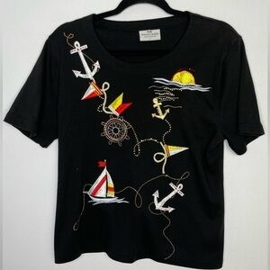 Vintage Black Short Sleeve Tee with Nautical Embroidered Sailboat & Anchors